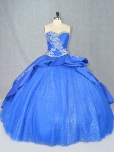 Colorful Blue Sleeveless Tulle Court Train Lace Up Quince Ball Gowns for Sweet 16 and Quinceanera