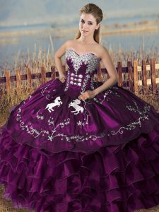 Unique Purple Sweet 16 Dresses Sweet 16 and Quinceanera with Embroidery and Ruffles Sweetheart Sleeveless Lace Up