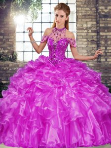 Glamorous Purple Sweet 16 Dresses Military Ball and Sweet 16 and Quinceanera with Beading and Ruffles Halter Top Sleeveless Lace Up