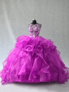 Superior Purple Sleeveless Organza Lace Up Quince Ball Gowns for Sweet 16 and Quinceanera