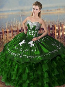 Best Green Sleeveless Floor Length Embroidery and Ruffles Lace Up Quinceanera Dresses