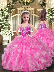 Lovely Rose Pink Organza Lace Up Straps Sleeveless Floor Length Little Girl Pageant Gowns Beading and Ruffles