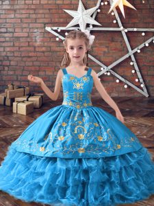 Custom Made Baby Blue Ball Gowns Satin and Organza Straps Sleeveless Embroidery and Ruffled Layers Floor Length Lace Up Little Girls Pageant Gowns