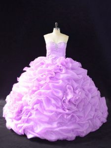 Nice Lilac Organza Lace Up Sweetheart Sleeveless Quinceanera Gowns Court Train Beading and Pick Ups and Hand Made Flower