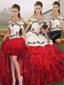 Admirable White And Red Sleeveless Embroidery and Ruffles Floor Length Sweet 16 Dresses