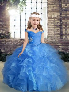 Trendy Floor Length Lace Up Little Girl Pageant Dress Blue for Party and Wedding Party with Beading and Ruching
