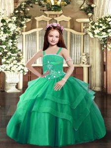Popular Straps Sleeveless Pageant Gowns For Girls Floor Length Beading and Ruffled Layers Turquoise Tulle