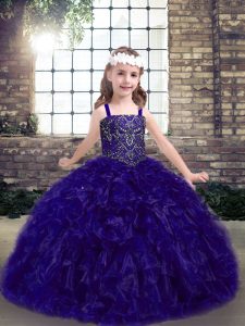 Custom Design Beading and Ruffles Little Girl Pageant Gowns Purple Lace Up Sleeveless Floor Length