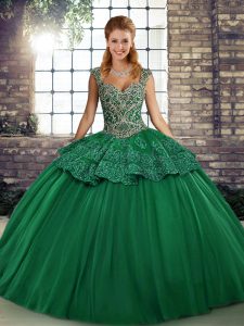 Affordable Green Ball Gowns Straps Sleeveless Tulle Floor Length Lace Up Beading and Appliques Sweet 16 Quinceanera Dress