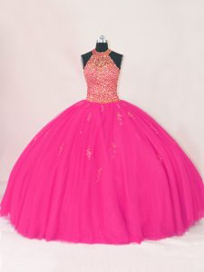 Hot Pink Tulle Lace Up Halter Top Sleeveless Floor Length Ball Gown Prom Dress Beading and Appliques