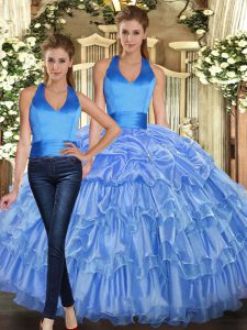 New Style Halter Top Sleeveless Lace Up Sweet 16 Dress Baby Blue Organza