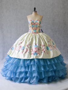New Style Embroidery and Ruffled Layers Custom Made Blue And White Lace Up Sleeveless Floor Length