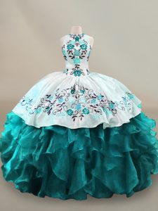 Teal Ball Gowns Organza Halter Top Sleeveless Embroidery and Ruffles Floor Length Lace Up Quinceanera Dresses
