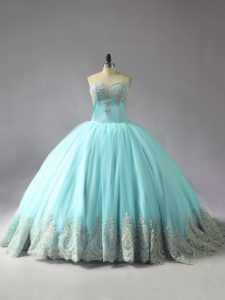 Free and Easy Blue Tulle Lace Up Sweetheart Sleeveless Quinceanera Dresses Court Train Appliques
