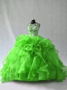 Vintage Ball Gowns Organza Scoop Sleeveless Beading and Ruffles Floor Length Lace Up 15 Quinceanera Dress