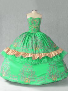 Comfortable Sleeveless Floor Length Embroidery and Bowknot Lace Up Quinceanera Gowns with Green