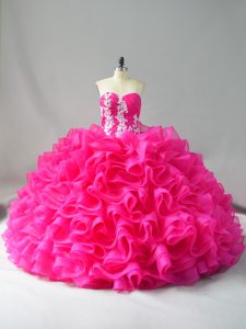 Organza Sweetheart Sleeveless Lace Up Appliques and Ruffles 15th Birthday Dress in Hot Pink