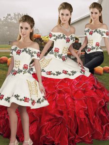 Glittering Three Pieces Quinceanera Gown White And Red Off The Shoulder Organza Sleeveless Floor Length Lace Up