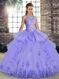 Lavender Sleeveless Lace and Embroidery and Ruffles Floor Length Sweet 16 Dress