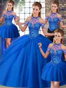 Best Selling Blue 15 Quinceanera Dress Tulle Brush Train Sleeveless Beading and Pick Ups