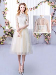 Champagne Empire High-neck Half Sleeves Tulle Tea Length Lace Up Lace Dama Dress for Quinceanera