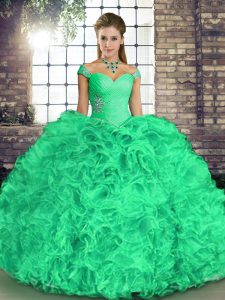 Custom Made Organza Off The Shoulder Sleeveless Lace Up Beading and Ruffles Quinceanera Dresses in Turquoise