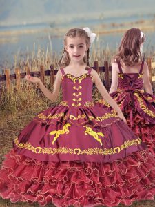 Fantastic Wine Red Organza Lace Up Pageant Gowns For Girls Sleeveless Floor Length Beading and Embroidery and Ruffled Layers