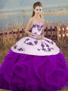 Flare White And Purple Lace Up Quinceanera Gown Embroidery and Ruffles and Bowknot Sleeveless Floor Length