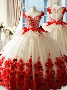 Excellent White And Red Scoop Zipper Hand Made Flower Ball Gown Prom Dress Brush Train Sleeveless