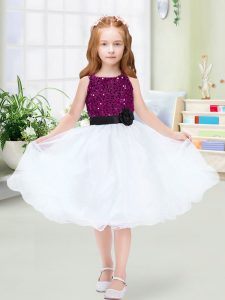 White A-line Sequins and Hand Made Flower Flower Girl Dresses for Less Zipper Organza Sleeveless Knee Length