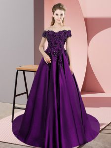 Ideal Zipper 15th Birthday Dress Eggplant Purple for Sweet 16 and Quinceanera with Appliques Court Train
