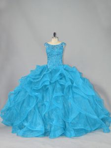 Suitable Aqua Blue Lace Up Scoop Beading and Ruffles Ball Gown Prom Dress Organza Sleeveless Brush Train