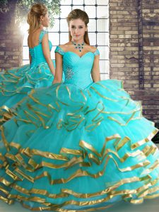 Off The Shoulder Sleeveless Tulle 15 Quinceanera Dress Beading and Ruffled Layers Lace Up