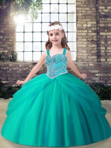 Popular Aqua Blue Lace Up Kids Formal Wear Beading Sleeveless Floor Length