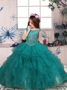 Turquoise Kids Formal Wear Party and Sweet 16 and Wedding Party with Beading and Ruffles Scoop Sleeveless Zipper