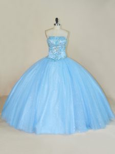 Trendy Blue Strapless Lace Up Beading Ball Gown Prom Dress Sleeveless