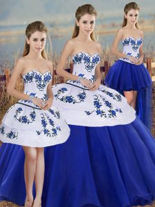 On Sale Royal Blue Sweetheart Lace Up Embroidery and Bowknot Quince Ball Gowns Sleeveless