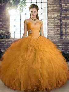Fabulous Orange Tulle Lace Up Off The Shoulder Sleeveless Floor Length Quinceanera Gowns Beading and Ruffles