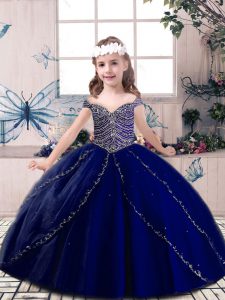Unique Sleeveless Floor Length Beading Lace Up Pageant Gowns For Girls with Blue