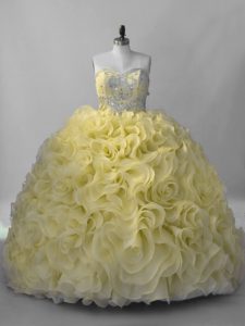 Modest Yellow Fabric With Rolling Flowers Lace Up 15th Birthday Dress Sleeveless Beading