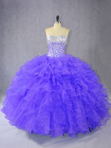 Purple Organza Lace Up Sweetheart Sleeveless Floor Length Sweet 16 Quinceanera Dress Ruffles
