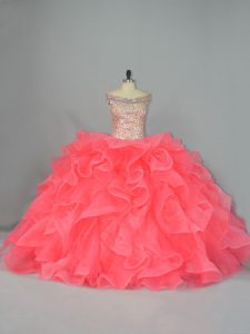 Watermelon Red Ball Gowns Organza Off The Shoulder Sleeveless Beading and Ruffles Lace Up Vestidos de Quinceanera