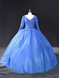 Fancy Blue Long Sleeves Tulle Lace Up 15 Quinceanera Dress for Sweet 16 and Quinceanera