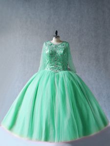 Tulle Scoop Long Sleeves Lace Up Beading Ball Gown Prom Dress in Apple Green