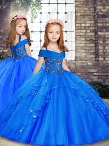 Great Straps Sleeveless Little Girl Pageant Dress Floor Length Beading Blue Tulle