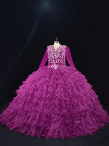 Purple Organza Lace Up Ball Gown Prom Dress Long Sleeves Floor Length Beading and Ruffled Layers