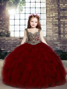 Exquisite Ball Gowns Little Girl Pageant Dress Red Straps Tulle Sleeveless Floor Length Lace Up