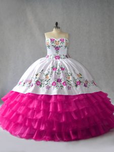 Ball Gowns Quince Ball Gowns Fuchsia Sweetheart Satin and Organza Sleeveless Floor Length Lace Up