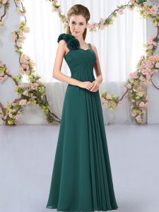 Exceptional Sleeveless Chiffon Floor Length Lace Up Dama Dress for Quinceanera in Peacock Green with Hand Made Flower