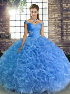 Baby Blue Ball Gowns Fabric With Rolling Flowers Off The Shoulder Sleeveless Beading Floor Length Lace Up Quinceanera Gowns